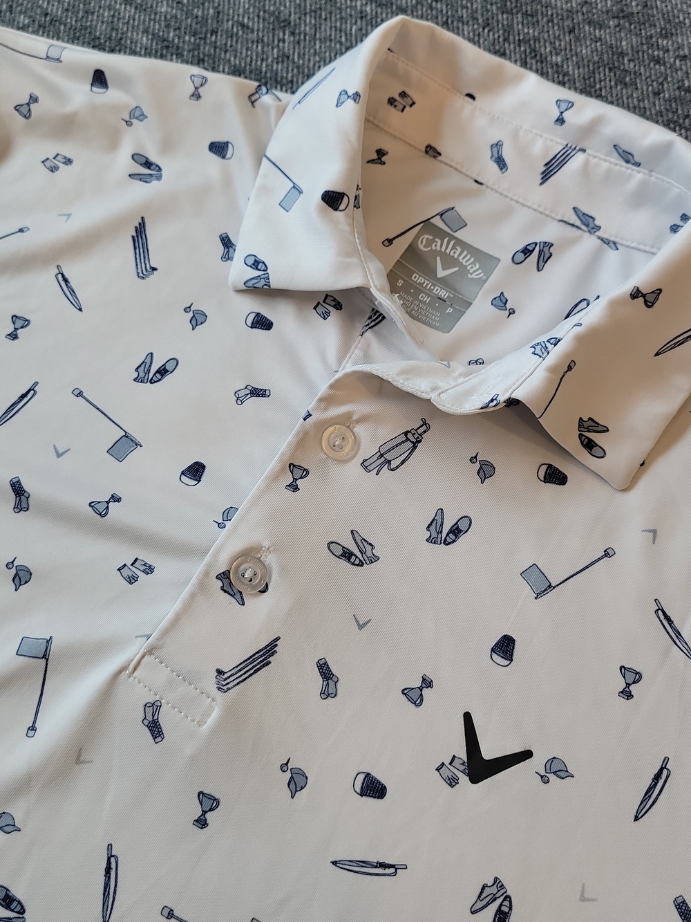 Callaway Polo Shirt Men's Small Opti Dri White Blue Golf All Over Print Stretch
